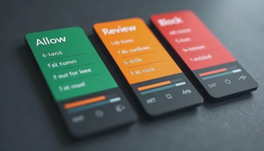 Allow, review, and block as structured safety outcomes Three side-by-side decision cards showing allow, review, and block outcomes with confidence scores