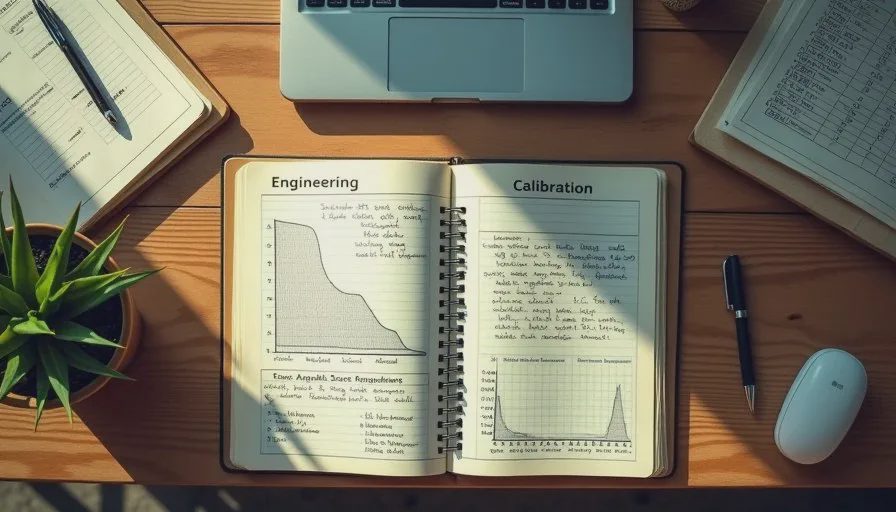 Calibration must be checked, not assumed from a single score Open engineering notebook with handwritten calibration notes and confidence bins next to a laptop showing score distribution