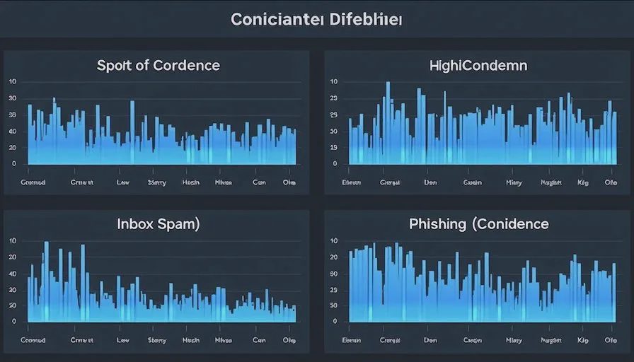 Confidence distribution view across inbox, spam, and phishing slices with clear separation of high-confidence bands