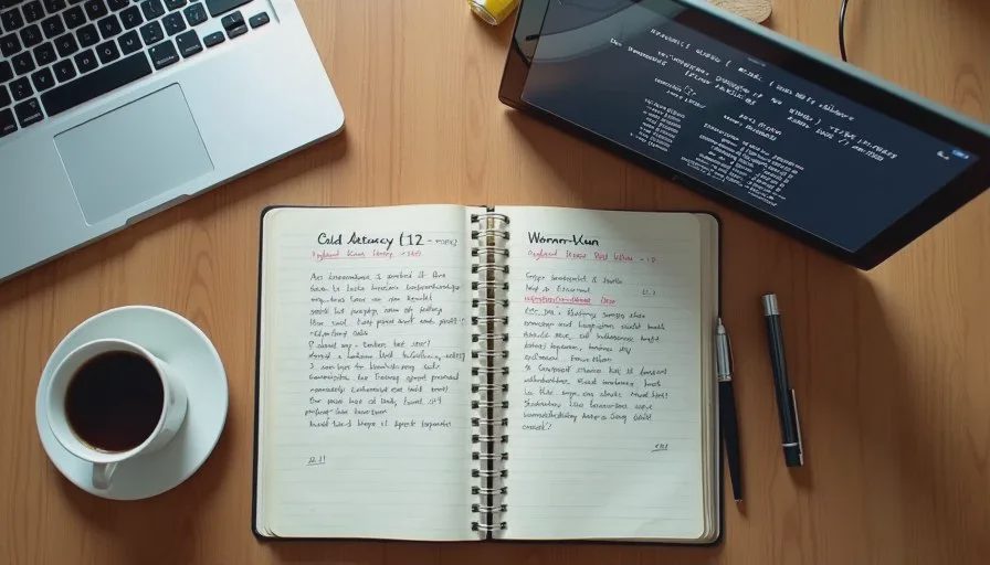 Open notebook with handwritten latency measurements and model version notes next to a laptop showing timing results